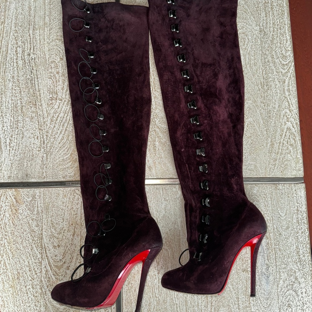 Christian Louboutin Top Croche 120 Suede Corset Over Knee Boots